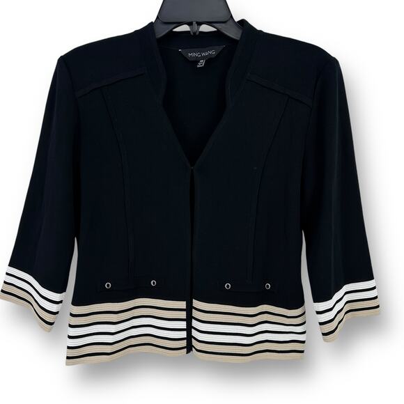 Ming Wang Open Front Cardigan Jacket Sz PS Petite Small Black Beige Stripe - Picture 1 of 7